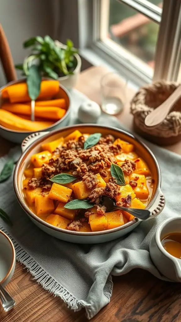 A bowl of creamy butternut squash tuna casserole topped with breadcrumbs and sage leaves.