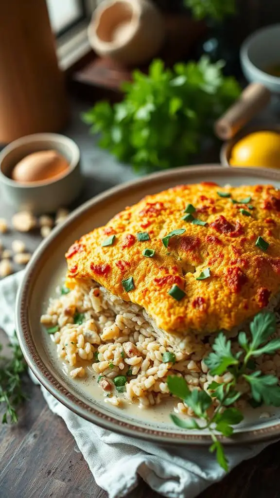 A serving of tuna and wild rice casserole garnished with herbs