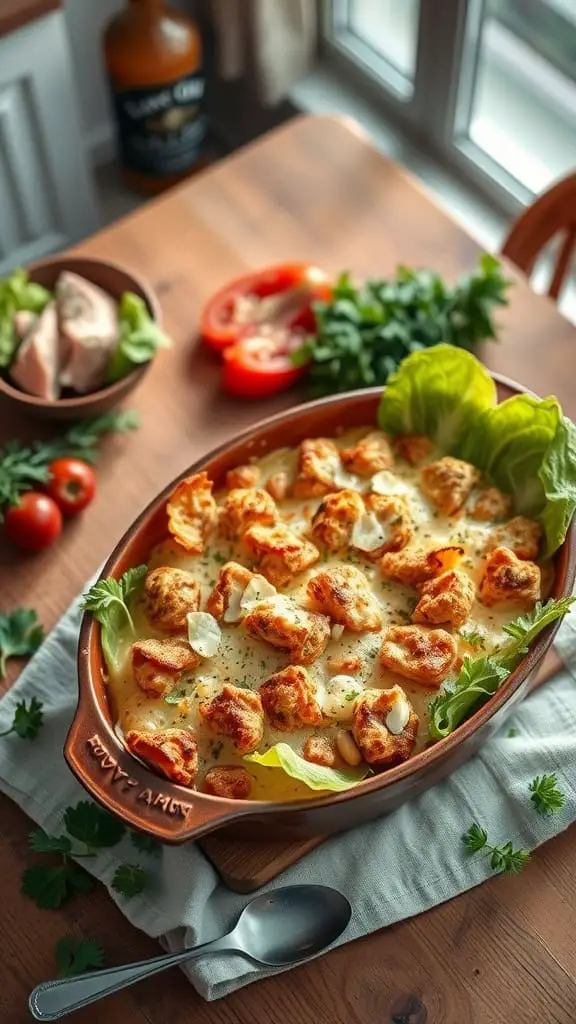 A Tuna Caesar Casserole with a creamy dressing base, romaine, and Parmesan topping.