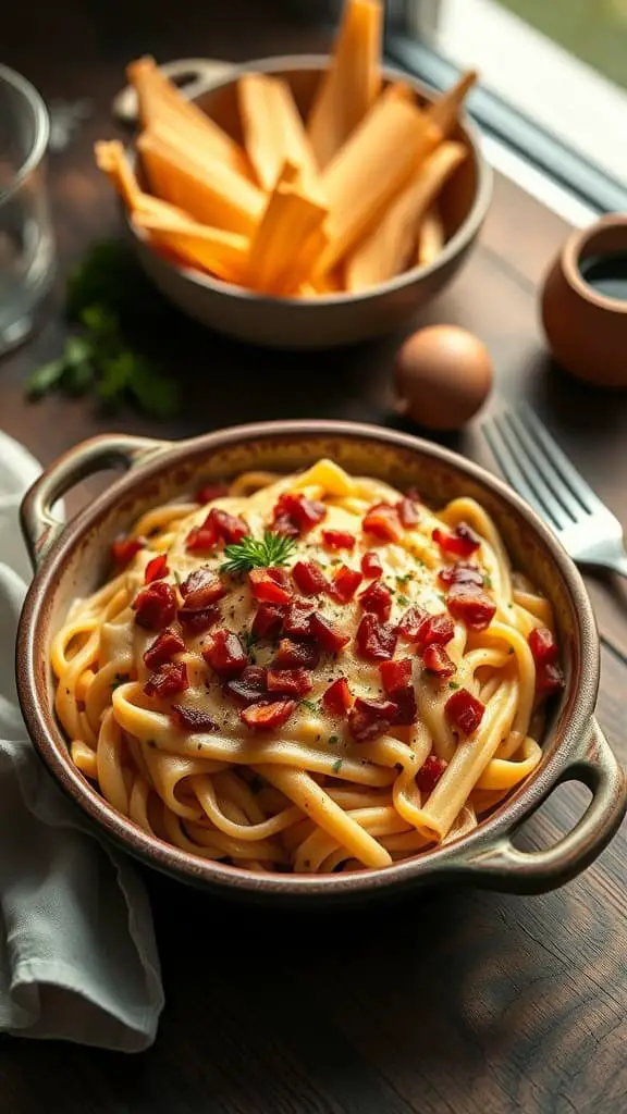 A delicious Tuna Carbonara Casserole topped with crispy bacon bits and garnished with parsley.