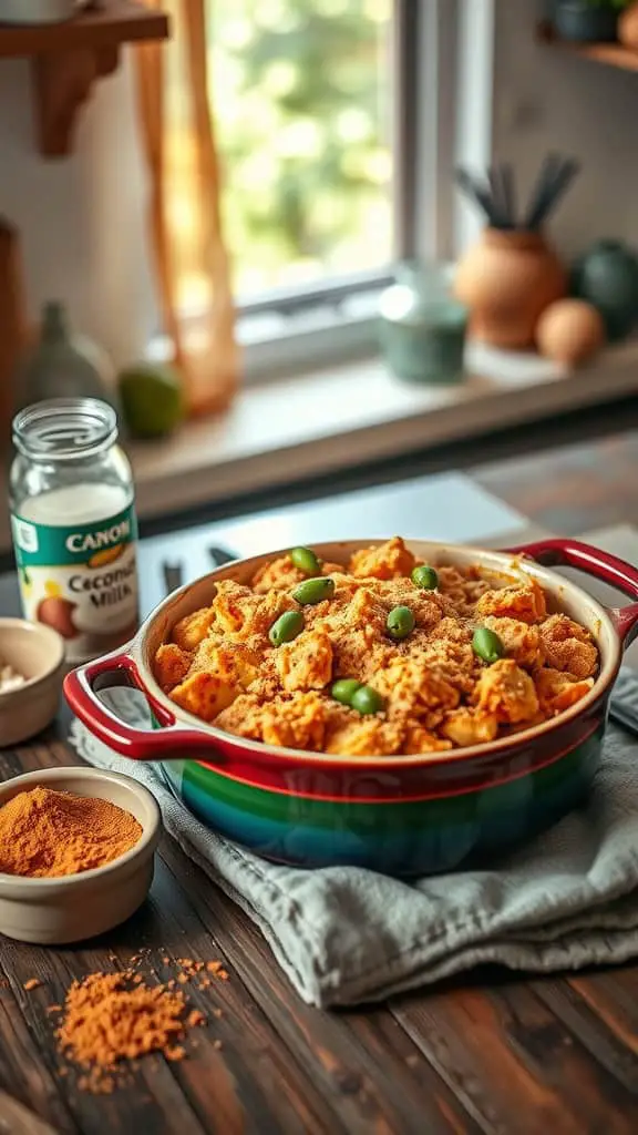 A colorful tuna curry casserole featuring coconut milk, curry powder, and peas, baked to perfection.