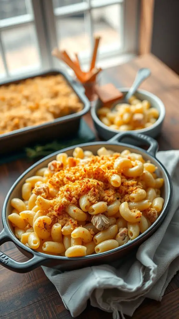 A delicious tuna mac and cheese casserole with a golden breadcrumb topping served in a dish.