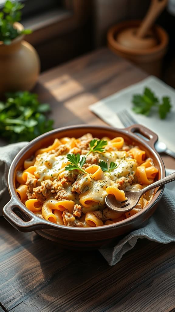 Bowl of creamy tuna noodle casserole topped with cheese and parsley.