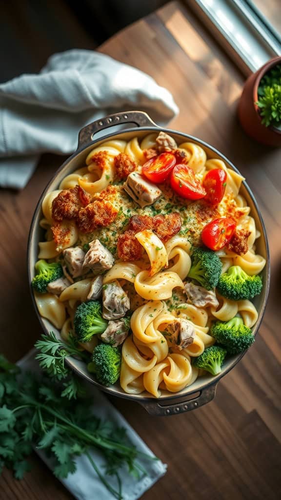 A hearty tuna noodle casserole with broccoli and cheese, baked to golden perfection.