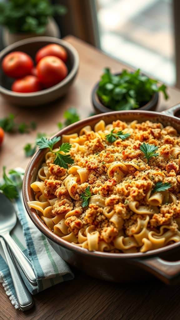 A delicious tuna noodle casserole with a crunchy panko crust, garnished with herbs.