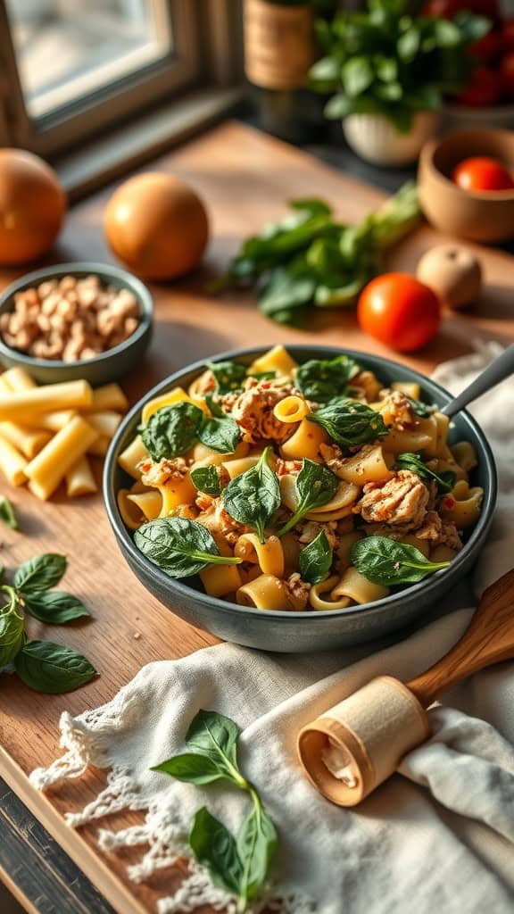 A delicious tuna noodle casserole with spinach, topped with cheese and corn flakes.