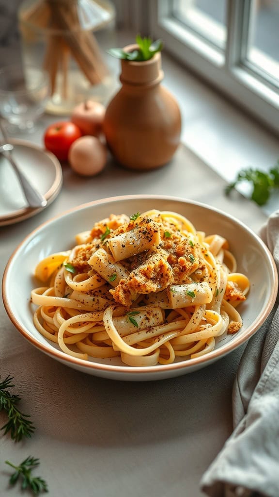 A gourmet Tuna Noodle Casserole with truffle oil, creamy noodles, and golden breadcrumbs.