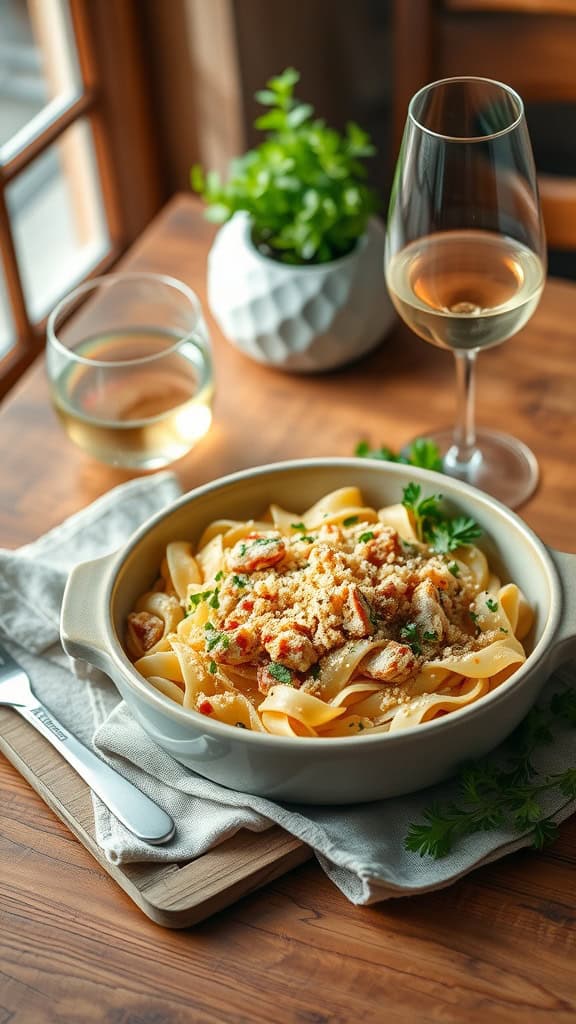 A serving of Tuna Noodle Casserole with white wine, garnished and ready to enjoy.