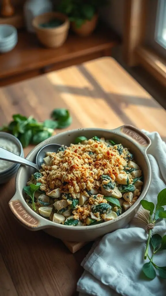 A delicious tuna spinach artichoke casserole with a crispy top