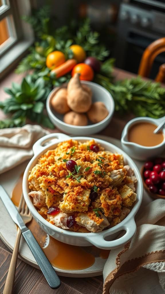 A delicious turkey and stuffing casserole dish