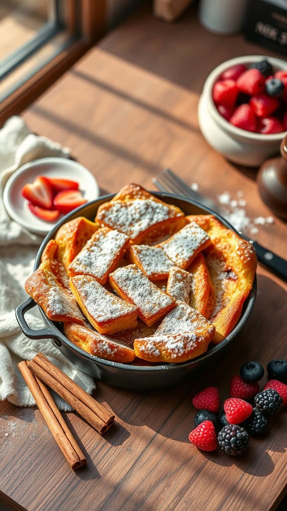 A delicious Vanilla Chai French Toast Casserole topped with powdered sugar and fresh berries.