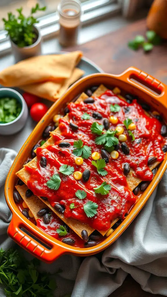 Vegan Black Bean Enchilada Bake with black beans, corn, and tortillas in enchilada sauce