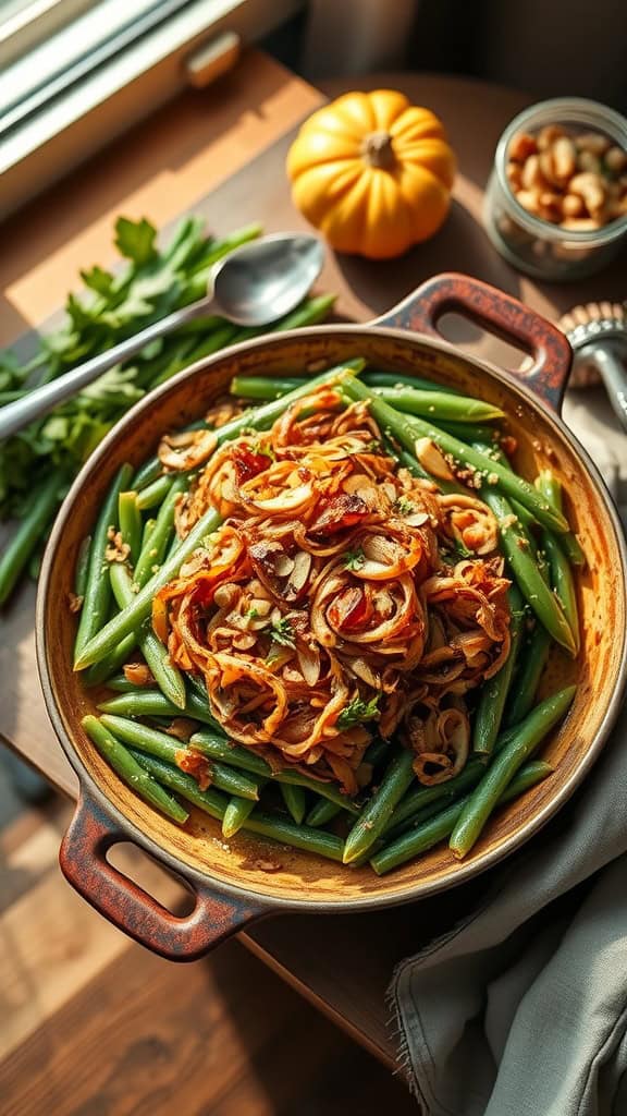 A delicious vegan green bean casserole with crispy fried onions on top.