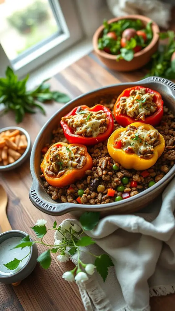 A delicious Vegan Lentil Stuffed Pepper Casserole with colorful bell peppers filled with lentils and topped with vegan cheese.