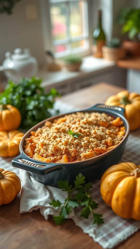 Vegan squash casserole with golden topping and fresh parsley