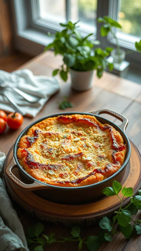 Vegan Squash Casserole in a baking dish, topped with breadcrumbs and herbs