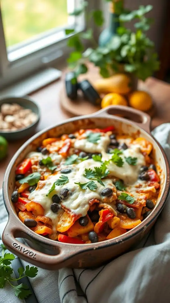 A delicious Vegan Squash Enchilada Casserole baked with layers of squash, beans, and dairy-free cheese.