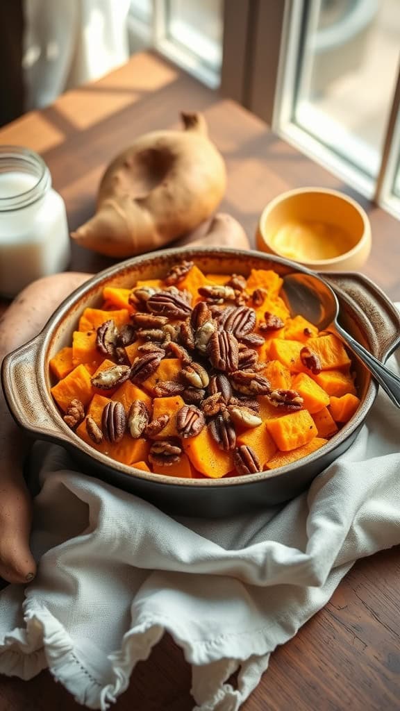 A delicious vegan sweet potato casserole topped with pecans, showcasing vibrant orange sweet potatoes.