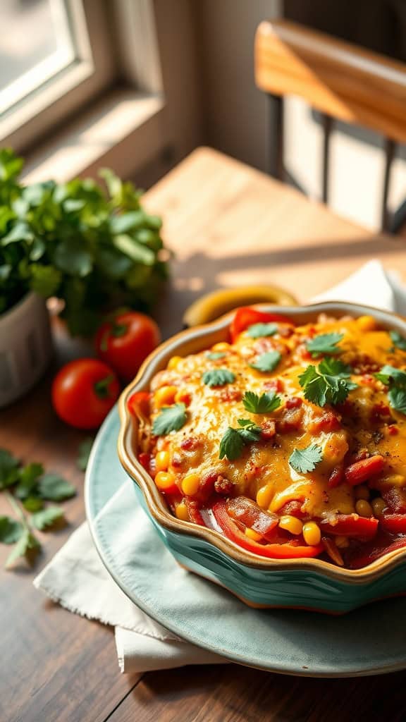 Vegetable-Loaded Chicken Enchilada Casserole with colorful toppings