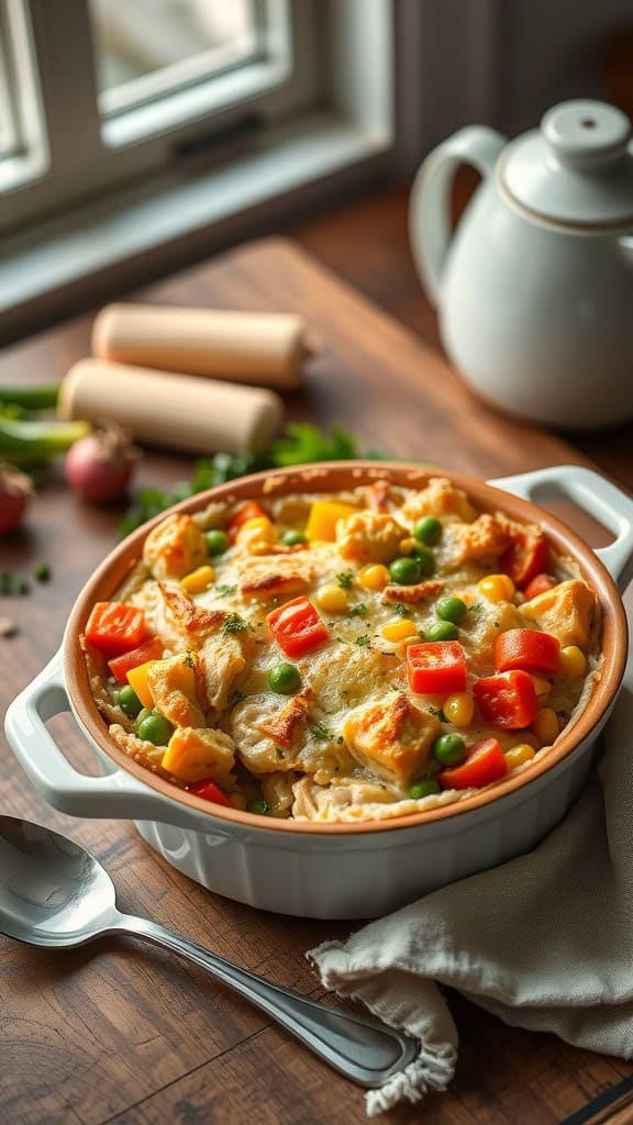 A vegetable-loaded chicken pot pie casserole topped with a flaky crust