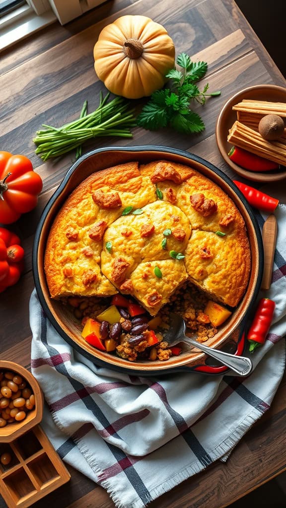 A colorful Vegetarian Cowboy Casserole loaded with roasted vegetables and a cornbread crust.