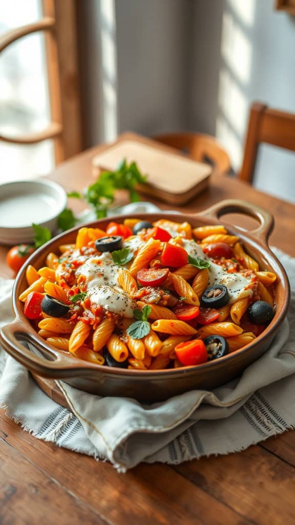 A delicious vegetarian casserole with pasta, cheese, and colorful vegetables.