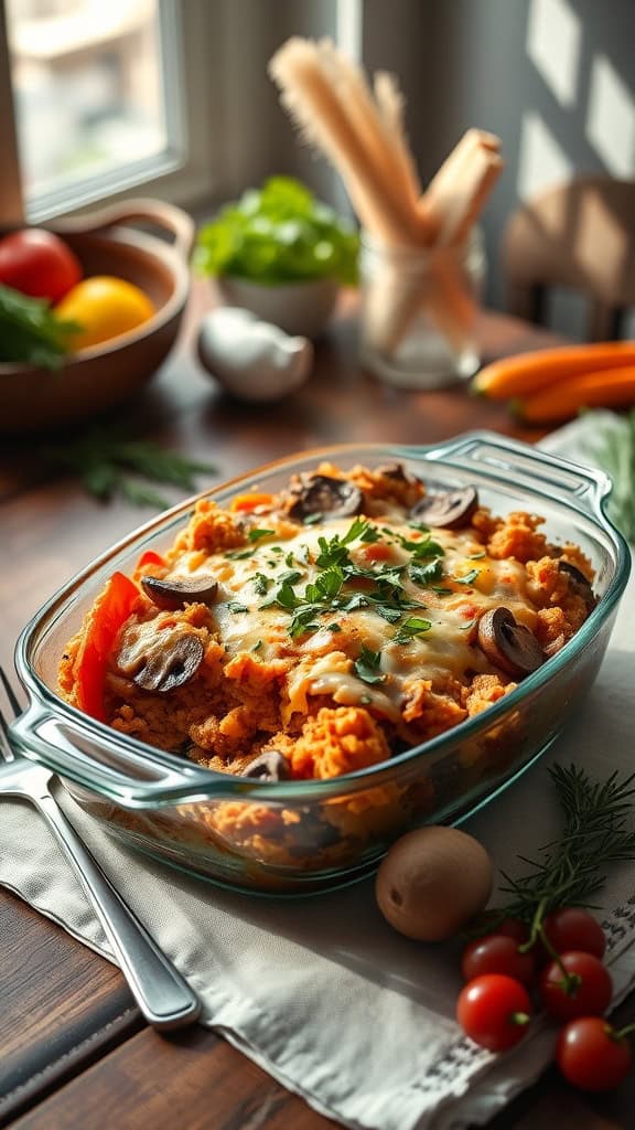 A delicious vegetarian hashbrown casserole topped with cheese and garnished with herbs.