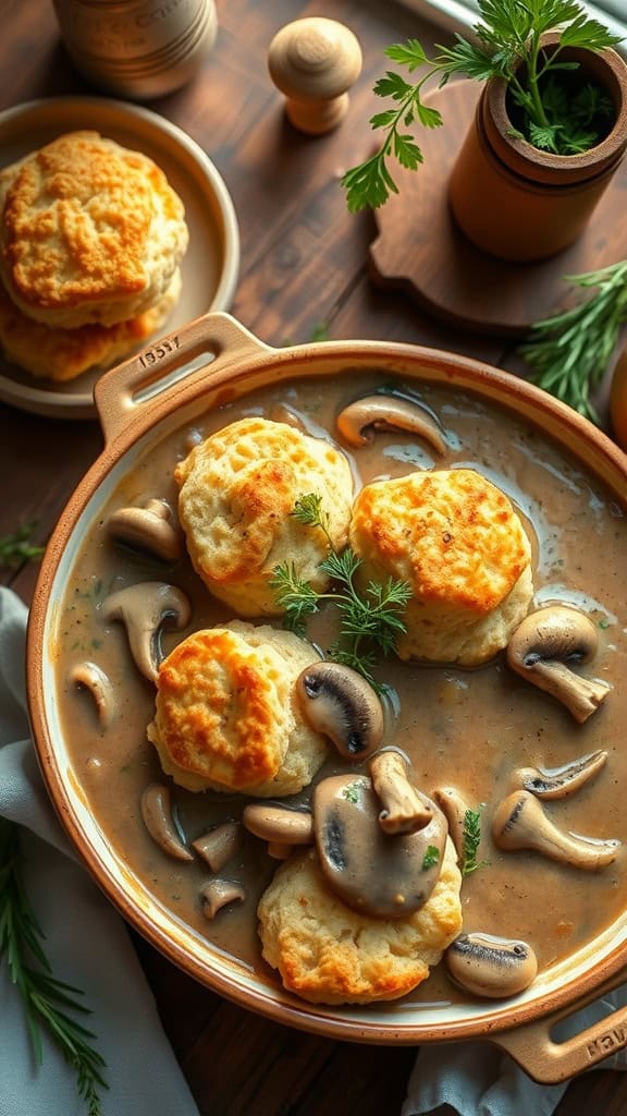 Vegetarian mushroom gravy casserole with biscuits