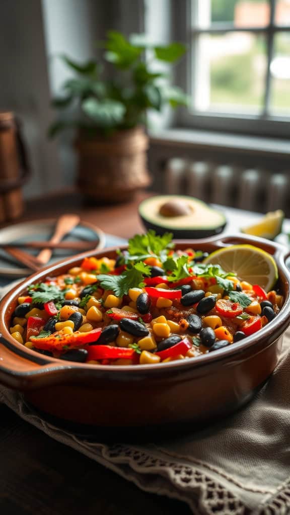 A colorful vegetarian taco casserole featuring black beans, corn, and fresh vegetables.