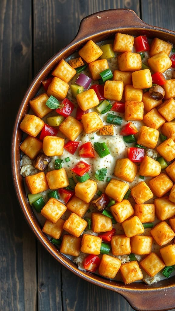 A delicious vegetarian tater tot casserole with colorful vegetables and crispy tater tots.