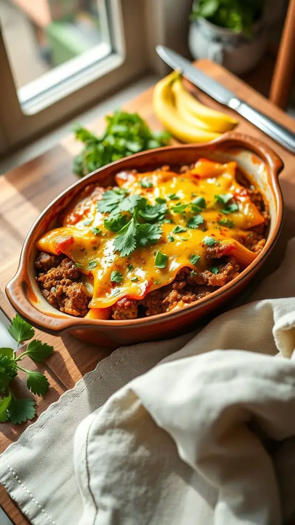 Yellow Squash and Ground Beef Enchilada Casserole with cheese and cilantro