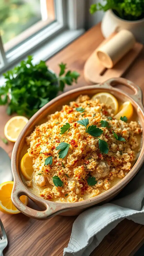 Zesty Lemon Chicken Cordon Bleu Casserole with breadcrumbs and lemon slices