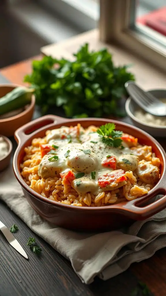 A delicious Zucchini Alfredo Chicken Rice Casserole with creamy sauce and colorful vegetables.