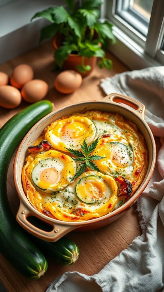 A light breakfast casserole with zucchini, eggs, and Parmesan cheese.