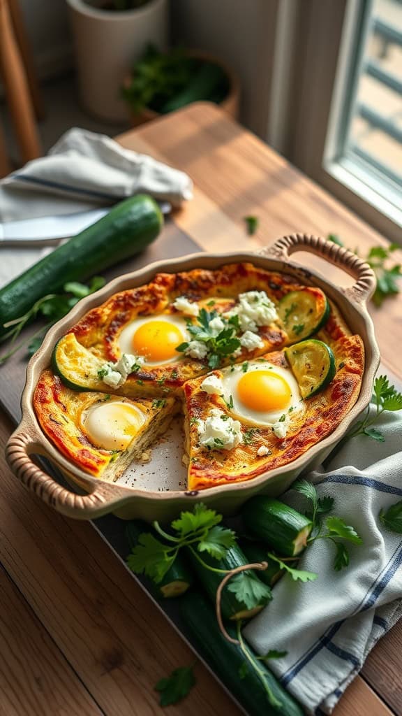 Zucchini and feta egg bake served in a dish