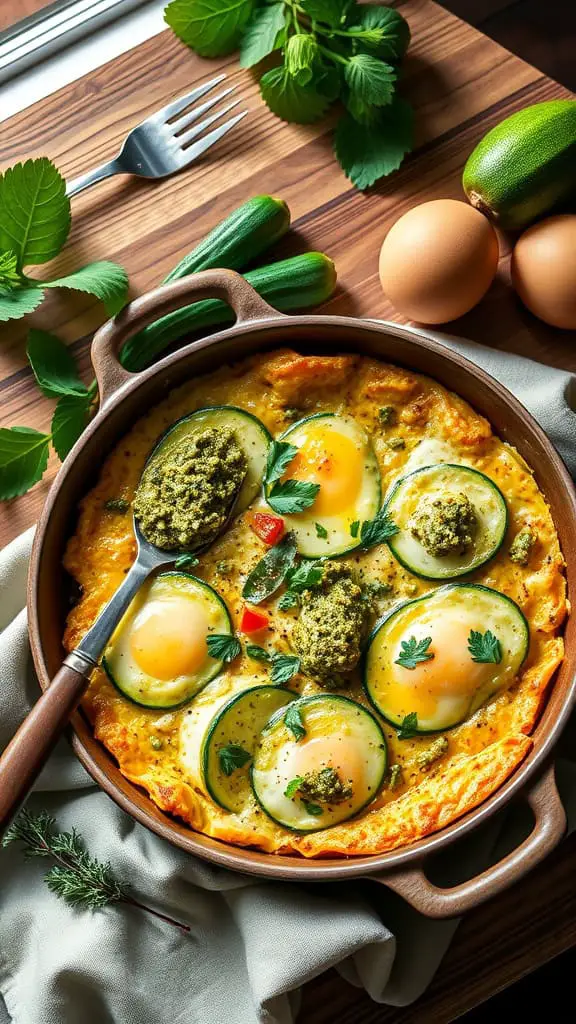 A delicious Zucchini and Pesto Egg Casserole served in a dish.