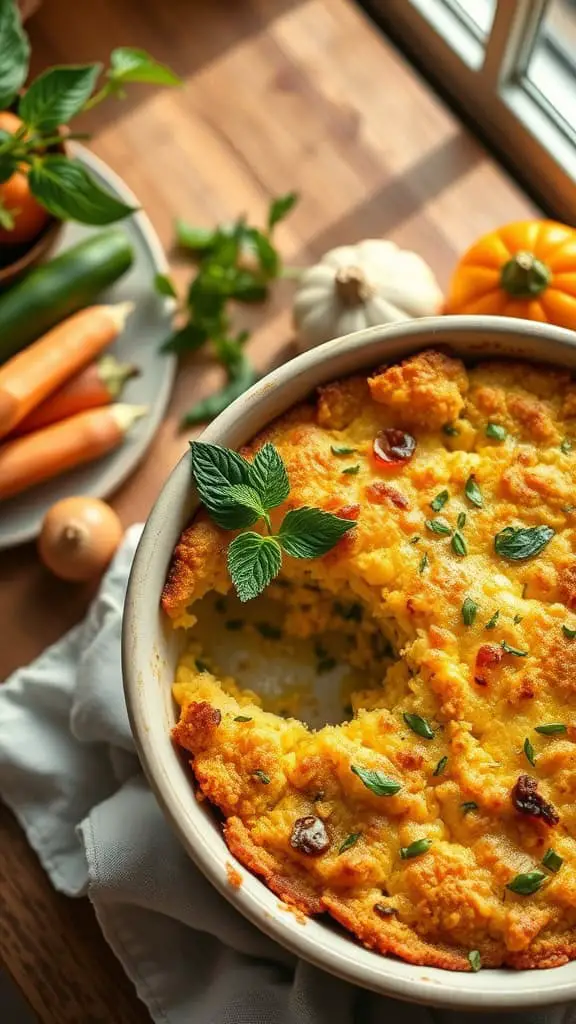 Zucchini and Squash Cornbread Casserole with herbs on top