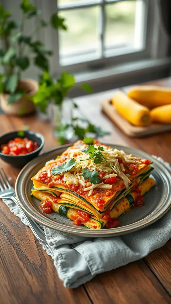 Zucchini and Squash Enchilada Casserole served on a plate with herbs and sauce.