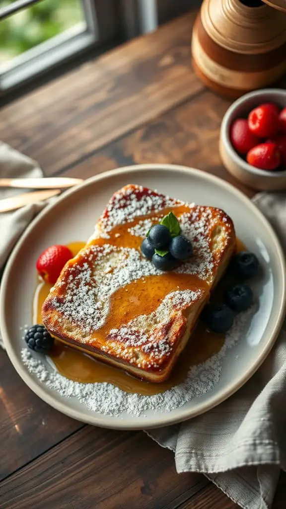 A slice of Zucchini Bread French Toast Casserole served with berries and syrup