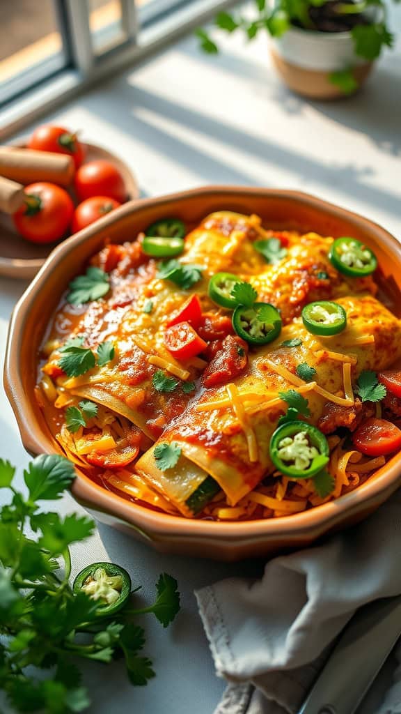 Zucchini Enchilada Casserole with cheese and toppings