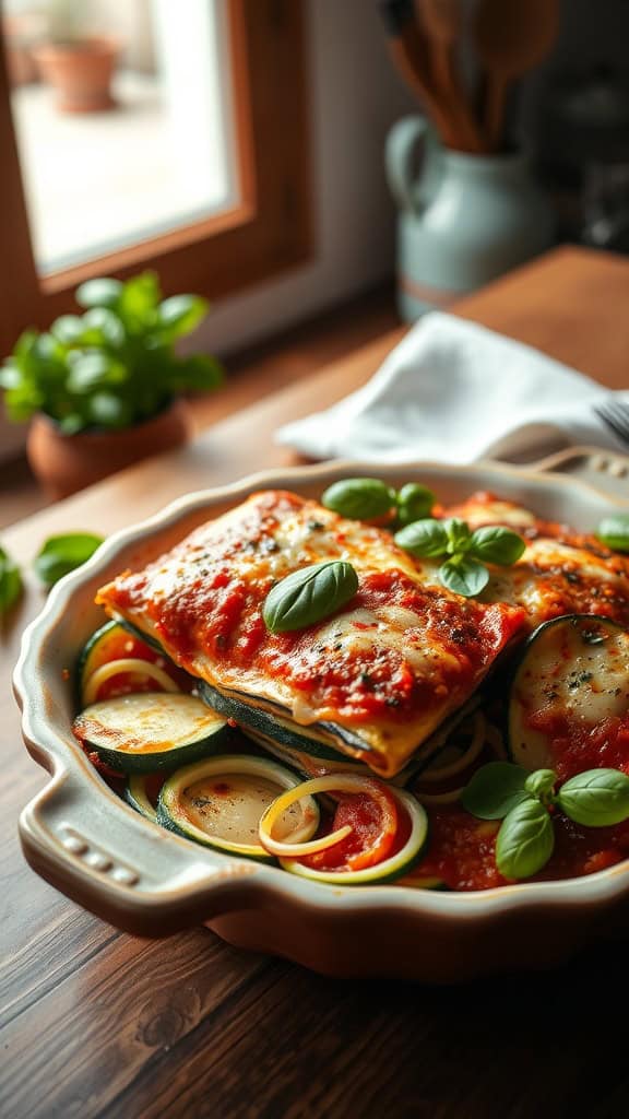 Zucchini Lasagna Bake with layers of zucchini, cheese, and marinara sauce.