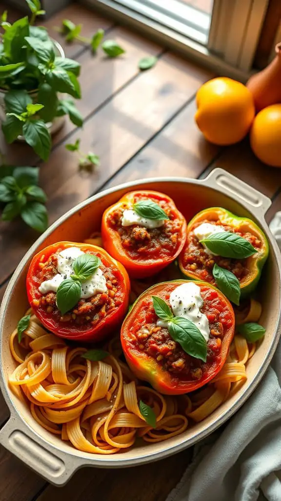 A colorful casserole dish with stuffed bell peppers filled with zucchini noodles and topped with cheese.