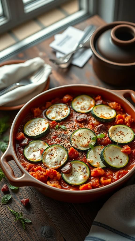 Delicious Zucchini Parmesan Dinner Casserole with layers of zucchini, marinara, and mozzarella cheese.