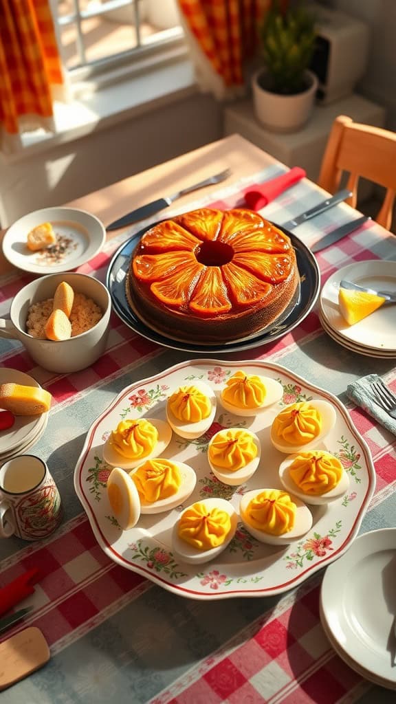 A beautiful setting with deviled eggs and a pineapple upside-down cake, perfect for a vintage dinner party.