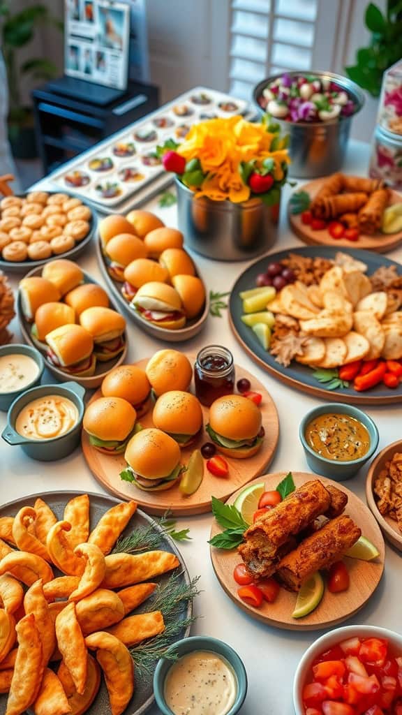 A festive spread of party food including sliders, spring rolls, and assorted dips.