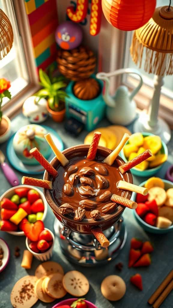 A delicious chocolate fondue with a variety of fruit dippers, perfect for a 70s-themed party.