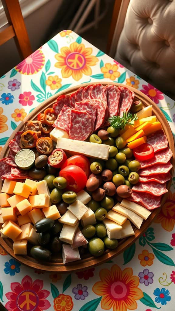 A vibrant charcuterie board featuring assorted cheeses, cured meats, olives, cherry tomatoes, and crackers, perfect for a 70s themed party.