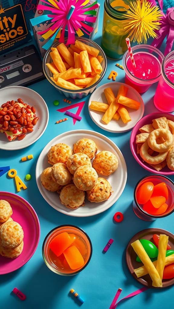 Colorful 90s themed party food spread with snacks and drinks