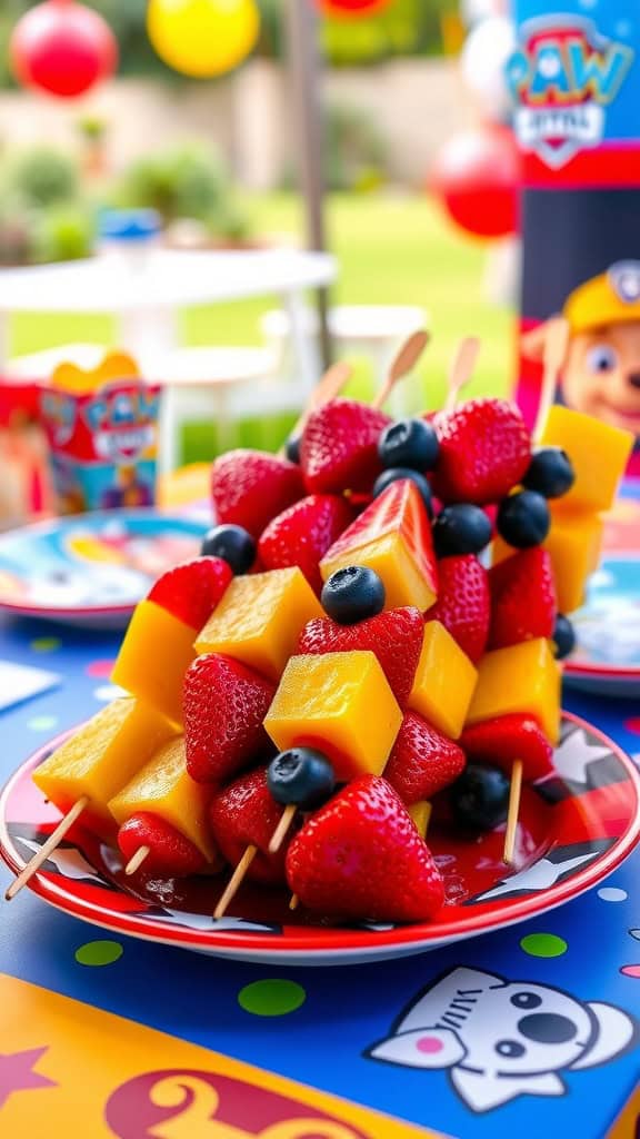 Colorful fruit kabobs made with strawberries, mango, blueberries, and watermelon, displayed on a plate.