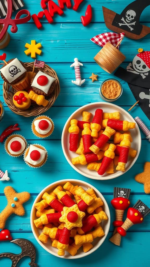 Colorful pirate-themed snacks for a party, including cheese puffs, gummy candy and decorative elements.